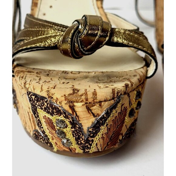 Richard Tyler Wedges Beads Embroidery Brown and Gold Sandals Size 6.5 - Picture 5 of 14